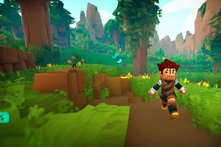 Image similar to Hytale Gameplay, Kweebec running through a forest, depth of field shot