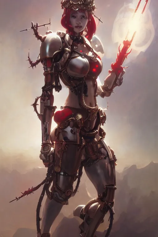 Prompt: Portrait of beautiful pale smiling anime cyborg maiden in bikini armor with crown of thorns and glowing red eyes, steampunc, Warhammer 40000, digital art from artstation by Ruan Jia and Mandy Jurgens and Artgerm and william-adolphe bouguereau