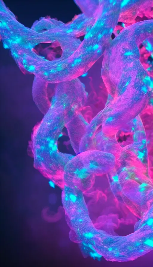 Image similar to 8 k uhd houdini recursive dna structure, background radiant swirling smoke wisps, dreamy colors, magical volumetric lighting, 1 8 mm lens