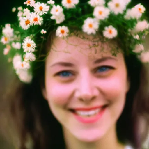 Prompt: woman smiling to the camera with flowers in her hair, analog film, 8 mm, 8 0 s