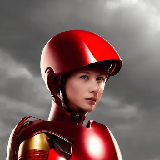 Image similar to portrait of a beautiful female soldier, no makeup, in glossy sleek white armor inspired by samus aran and a long red cape, head tilted back, determined expression, no helmet, on the surface of mars, cinematic, sci-fi, hyperrealistic, detailed