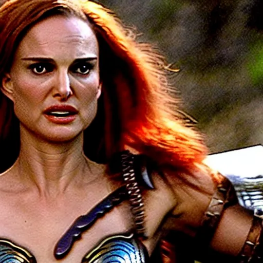 Image similar to natalie portman as red sonja, fight scene