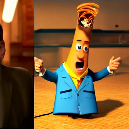 Image similar to photo of [ a single french fry chip ] shaped into stephen fry as a pixar character hybrid intercross mix cinematic lighting