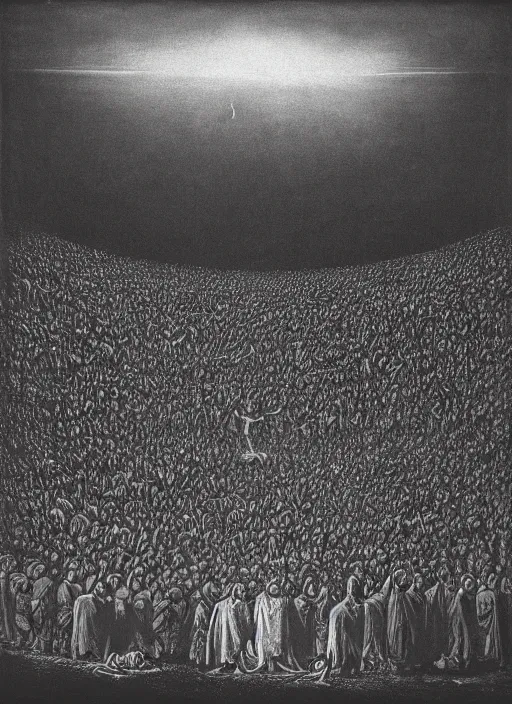 Image similar to a large amount of cultist followers gathered in front of a cult leader's stage, view from stage, in the style of beksinski