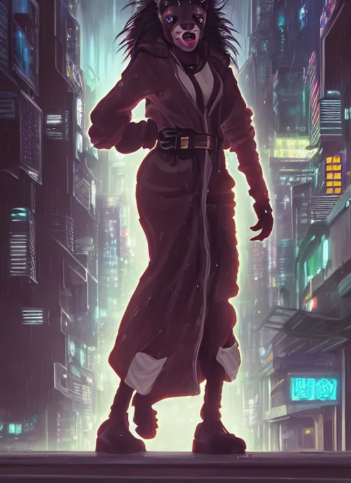 Image similar to character portrait of a female anthro hyena fursona with long black curly hair wearing jedi robes in a cyberpunk city at night while it rains. hidari, color page, tankoban, 4K, tone mapping, Akihiko Yoshida.