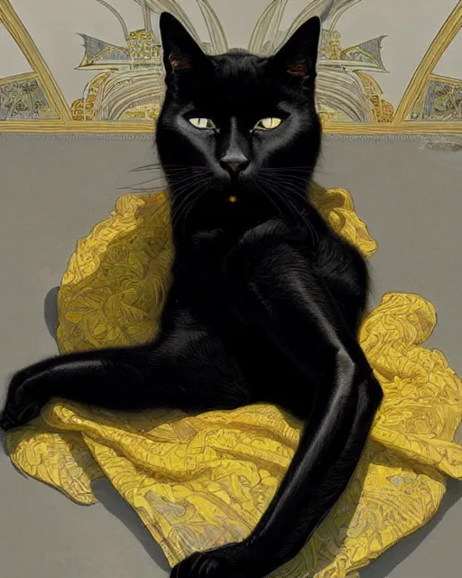 Image similar to Portrait of a giant black cat with yellow eyes and a sleeping blonde lady in Lisbon, real life skin, intricate, elegant, highly detailed, artstation, concept art, smooth, sharp focus, art by artgerm and greg rutkowski and alphonse mucha