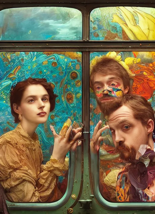 Prompt: detailed colourful masterpiece of photography couple portrait sat down extreme closeup, inside an underwater train, detailed realistic expressions, wearing unusual clothes, by moebius and william powell frith and ford madox brown and kilian eng and and frederic leighton and john william waterhouse and greg hildebrandt