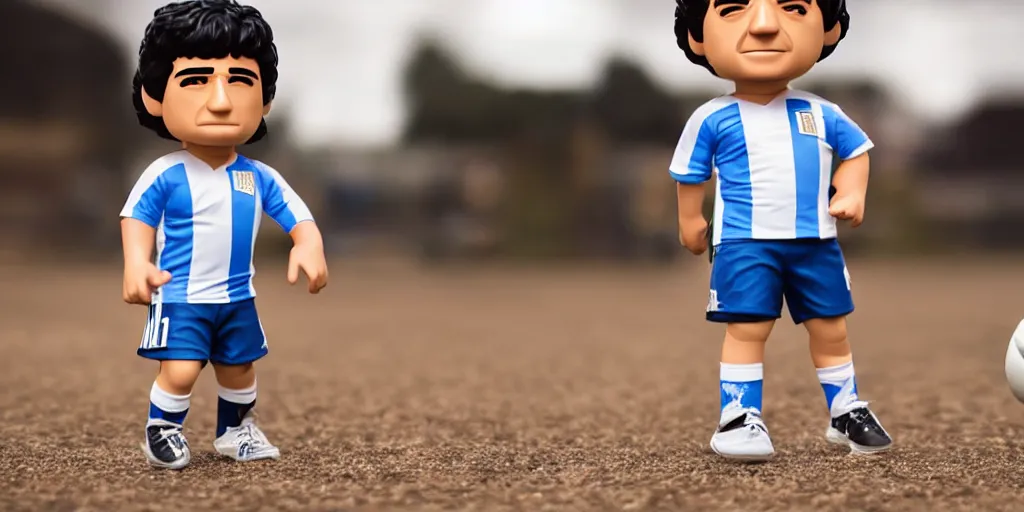 Image similar to funko pop of young thing maradona with big head, argentina t - shirt, smile, no beard, stand with a ball under his left foot, max resolution, high contrast, cinematic, light cinematic, volumetric, realistic, cinematic lighting, octane render, hyper realistic