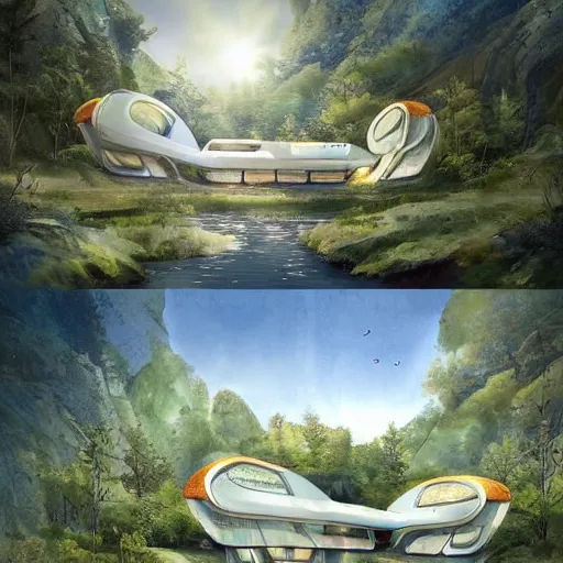 Image similar to beautiful happy picturesque charming sci - fi organic pod - like homes consisting of modules of the future in a beautiful natural scene. water, trees and rocks. beautiful light. soft colour scheme. beautiful artistic detailed watercolor by lurid. ( 2 0 2 2 )