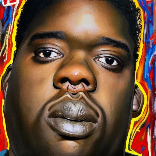 Prompt: a painting of a hyper realistic biggie smalls, art by basquiat, intricate, ultra detailed, photorealistic, black and gold colors, trending on artstation