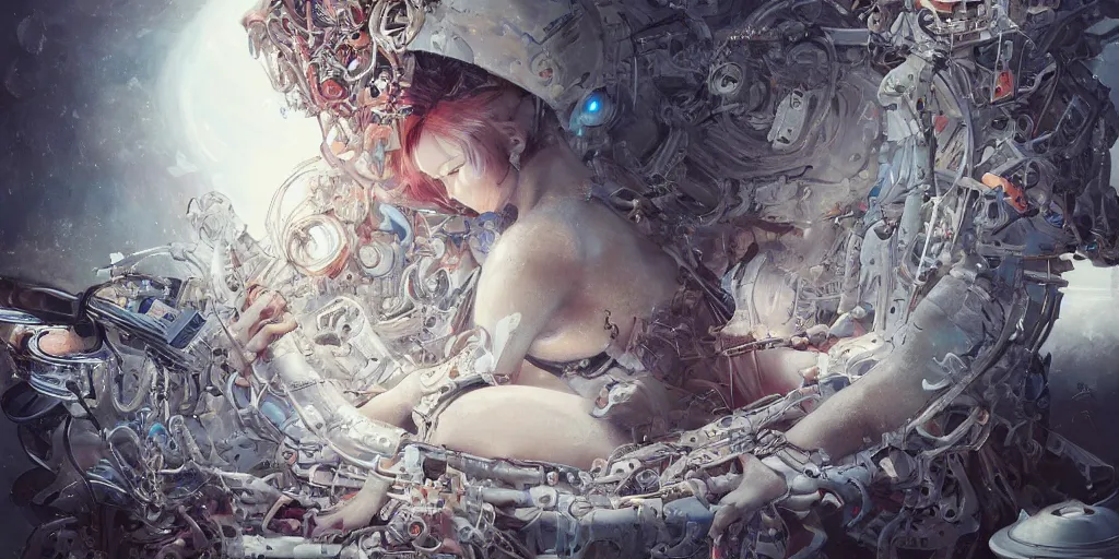 Image similar to hyperrealistic photography of a gorgeous animal cyborg constructing a time machine in the style of Jin Kagetsu, James Jean and wlop, highly detailed, masterpiece, award-winning, sharp focus, intricate concept art, ambient lighting, 8k, artstation