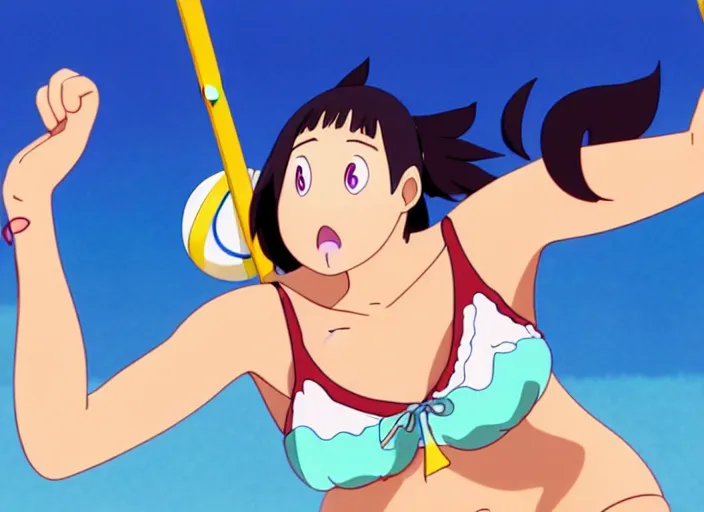 Prompt: an animation still of beautiful bikini volleyball player, in the style of studio ghibli, netflix animation, toei animation, filmation animation, traditional animation, sharp detail, animation cel