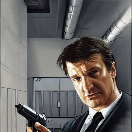 Image similar to Nathan Fillion as James Bond in Goldeneye 007 in an air vent above bathroom cubicle, D&D, cinematic, fantasy, intricate, elegant, highly detailed, digital painting, artstation, concept art, smooth, sharp focus, illustration, art by artgerm and greg rutkowski and alphonse much