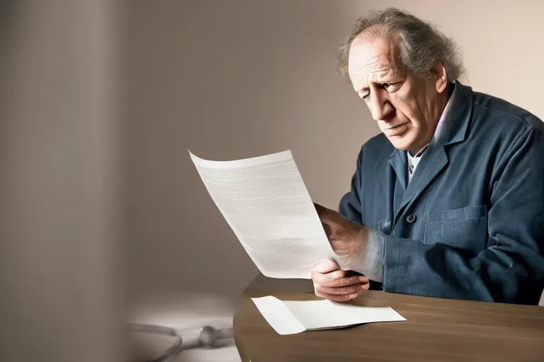 Image similar to a cinematic headshot portrait of an doctor reading his notes, moody lighting, movie still, shallow depth of field, muted colors, by werner herzog