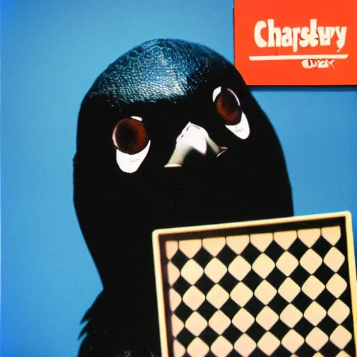 Prompt: close - up, photo of a humanoid magpie kenku wearing a chess hoodie, holding a vinyl record, 9 0 - s, polaroid photo, by warhol,