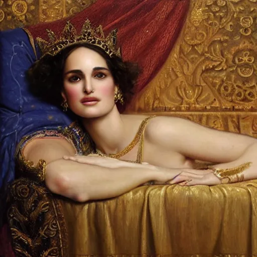 Prompt: beautiful_golden_portrait_of_a_Natalie_Portman_a s_Grand Odalisque_intricate_oil_paintingby Jo hn_William_Godward_by_Anna_Dittman_by J-H 768-C9.0
