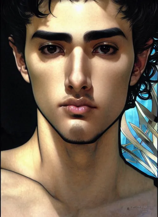 Prompt: realistic detailed face manga portrait of a young arabic man with short black hair dressed with a simple white t - shirt, white background white bank studio light, art by yoshitaka amano alphonse mucha, ayami kojima, greg hildebrandt, and mark brooks