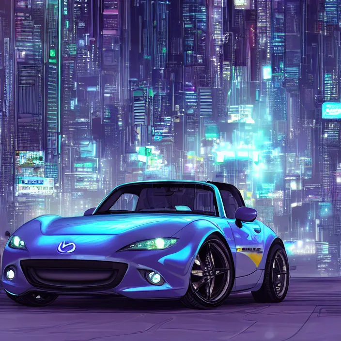 Image similar to a futuristic hovering, cyberpunk mazda miata in cyberpunk city, cyberpunk futuristic digital art concept