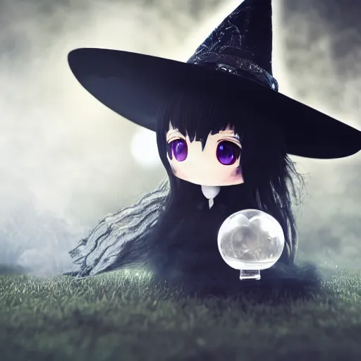 Image similar to cute fumo plush girl gazing into a crystal ball swirling with strange energy, black and white gothic horror, smoke and volumetric fog, witch girl, soothsayer, lens flare glow, chibi anime, vray