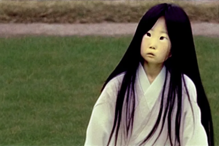 Prompt: a still photo of sadako from the ring movie playing baseball colored