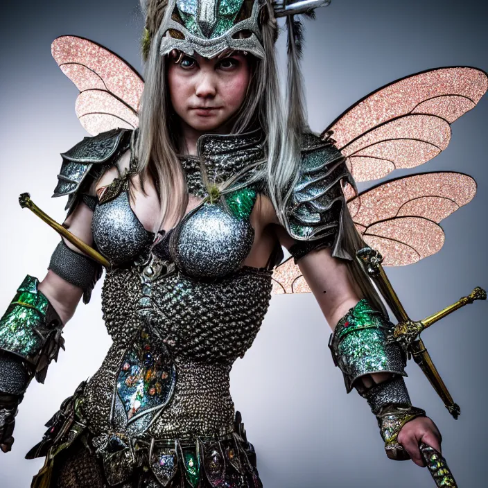 Prompt: full length photo of a fairy warrior wearing sparkly armour, highly detailed, 4 k, hdr, smooth, sharp focus, high resolution, award - winning photo