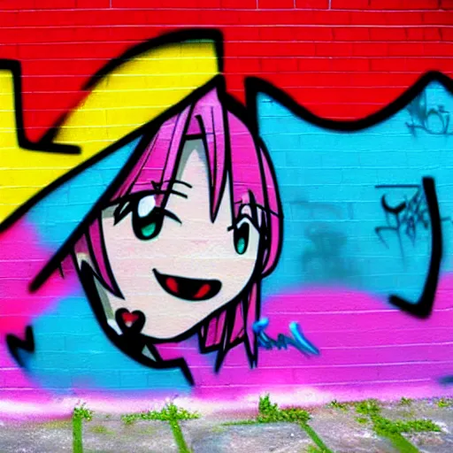 Image similar to graffiti on a wall, happy anime character ,