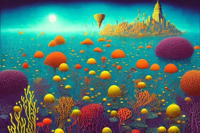 Image similar to surreal glimpse into other universe, new york under the sea, summer morning, very coherent and colorful high contrast, art by!!!! gediminas pranckevicius!!!!, geof darrow, floralpunk screen printing woodblock, dark shadows, hard lighting, stipple brush technique,