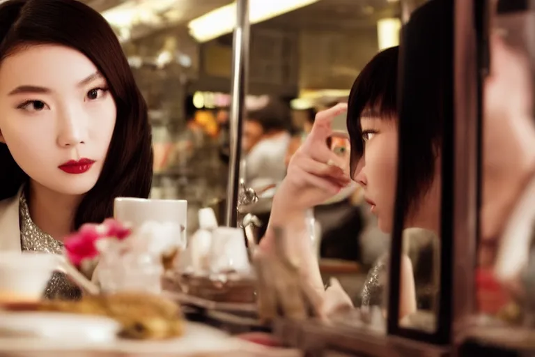 Image similar to movie interior closeup beautiful Chinese fashion model couple closeup joking at 50s diner, night in the city, beautiful skin, by Emmanuel Lubezki