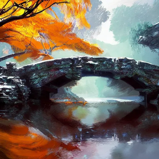 Image similar to acrylic painting, impressionism and expressionism, bold colors, expressive brushstrokes. a stone bridge over a river in riverwood, skyrim. raining. overcast. fantasy art by wadim kashin, cgsociety, nature art