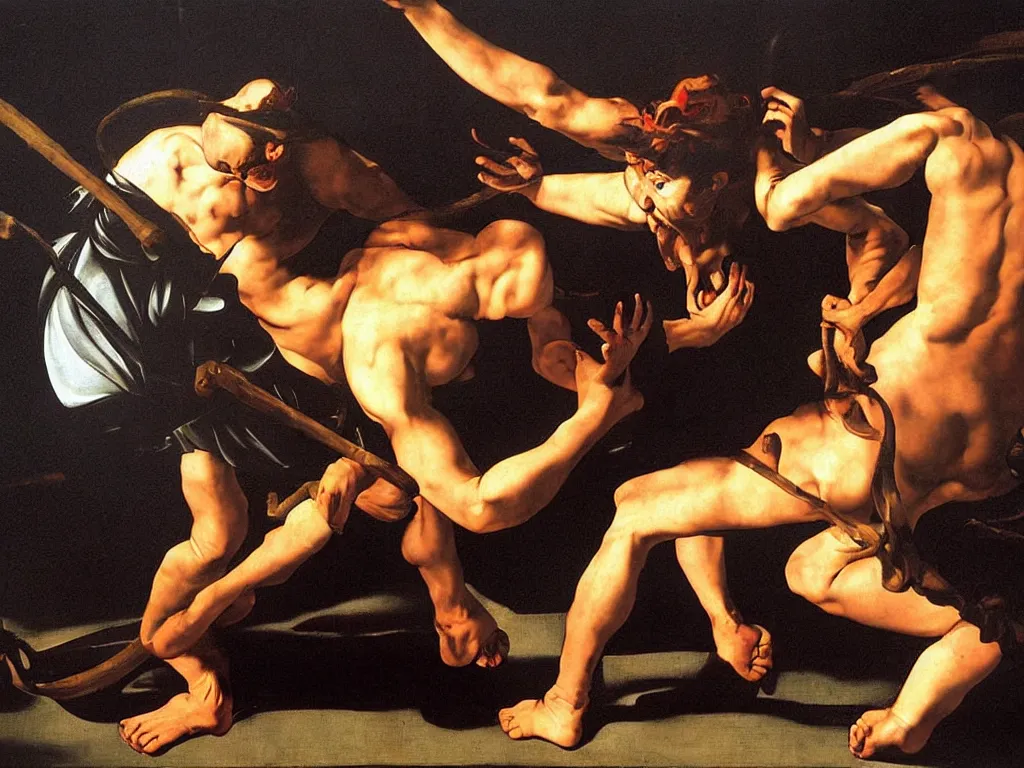 Prompt: Man fighting the fire creature. Painting by Caravaggio