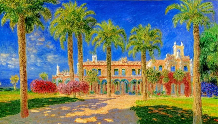 Image similar to a 1 9 9 8 southern spain palace!!! costa blanca, designed by claude monet, bispo do rosario, arnold bocklin, tarsila do amaral and gustave baumann, cheval michael, warm, mediterranean, star, sharp focus, colorful refracted sparkles and lines, soft light, 8 k 4 k