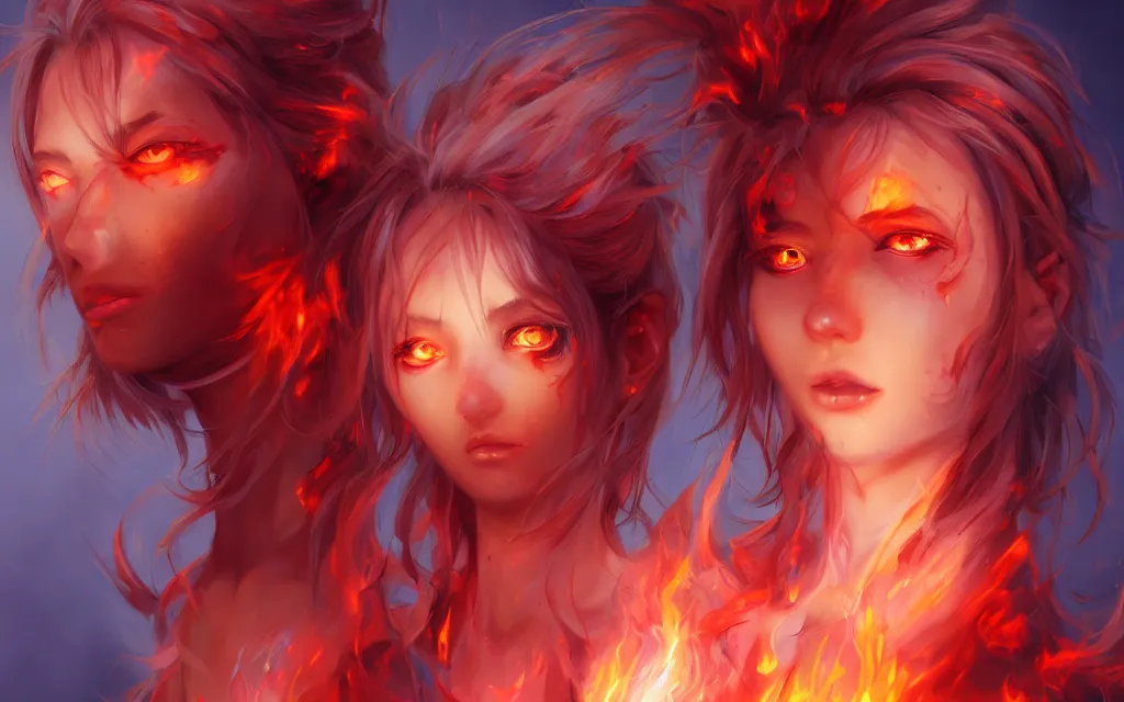 Image similar to A realistic anime portrait of a beautiful fire spirit twins with glowing red eyes and firey skin wearing clothes made of flames, digital painting, by Stanley Artgerm Lau, Sakimichan, WLOP and Rossdraws, digtial painting, trending on ArtStation, SFW version