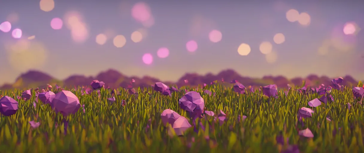 Image similar to 3 d render low poly art, flowers, field of dreams, unreal engine, dreamy, bokeh