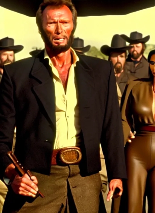 Image similar to film still of kim kardashian as clint eastwood in the movie a fist full of dollars, full-shot, 4k