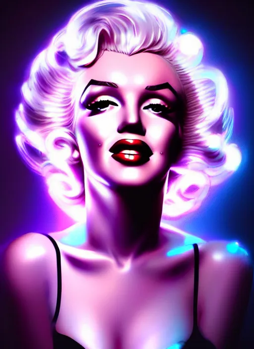 Image similar to portrait of marilyn monroe cyber humanoid, intricate, elegant, cyber neon lights, highly detailed, digital painting, artstation, glamor pose, concept art, smooth, sharp focus, illustration, art by artgerm and greg rutkowski