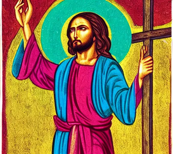 Prompt: color film still of jesus christ taking a selfie at his own crucifixion