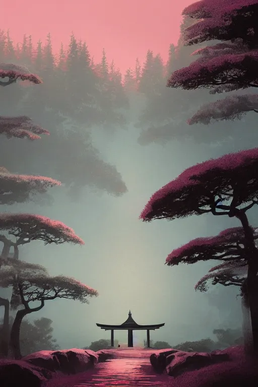 Prompt: Japanese Torii in the center of the picture , torii in a moutain with trees ,night , by Grzegorz Rutkowski, concept art, pink scheme