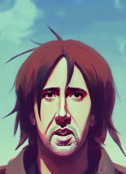 Image similar to portrait of nicolas cage from mandy, red sky background woodland landscape illustration concept art anime key visual trending pixiv fanbox by wlop and greg rutkowski and makoto shinkai and studio ghibli and kyoto animation