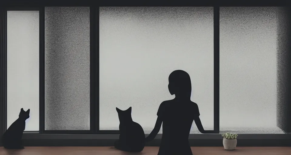 Prompt: silhouette of a girl and her cat, looking out a window on a rainy day, inside a cozy apartment, with a city view. trending on artstation, octave render