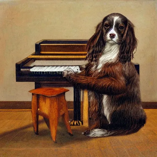 Image similar to a brown and white sprocker Spaniel playing a grand piano, pointillism, fine art