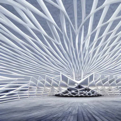 Image similar to fractal geometric pavilion architecture designed by santiago calatrava, flow, generative design, artstation, unreal engine.