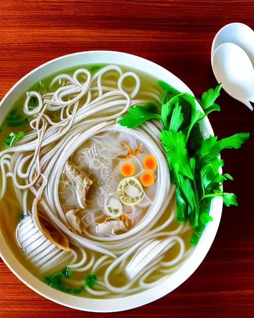 Image similar to realistic photo of delicious pho, bowl, white kitchen table, marble, highly detailed, by louise lister, sara ali, mary devinat, kailee mandel, masterpiece, award winning, food photography