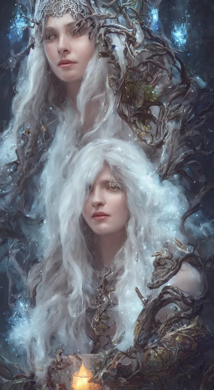 Image similar to Portrait beautiful elven witch druid lady ice blizzard frost snow, alessandra daddario, 4k oil on linen by wlop, artgerm, andrei riabovitchev, nuri iyem, james gurney, james jean, greg rutkowski, highly detailed, soft lighting 8k resolution