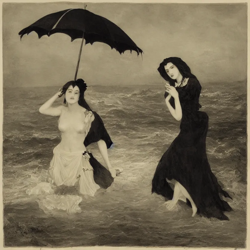 Image similar to portrait of a beautiful and grim vampire queen under a large beach umbrella being splashed by water suddenly by William-Adolphe Bouguerea