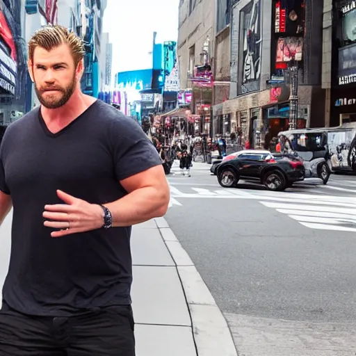 Prompt: Obese Chris Hemsworth spotted in the city, TMZ, Sony a7R IV, symmetric balance, polarizing filter, Photolab, Lightroom, 4K, Dolby Vision, Photography Award