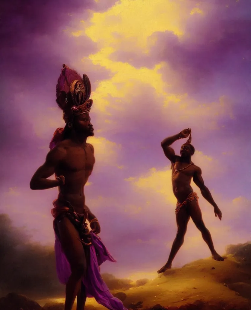 Prompt: stunning african god in a loincloth, posing against a royal purple backdrop by ivan aivazovsky, oil painting, beautiful soft lighting, saturated colours, artstation