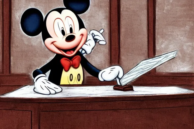 Image similar to detailed background courtroom sketch of vintage disney character mickey mouse presenting evidence of copyright infringement to the judge bench court room wooden serious dark tone