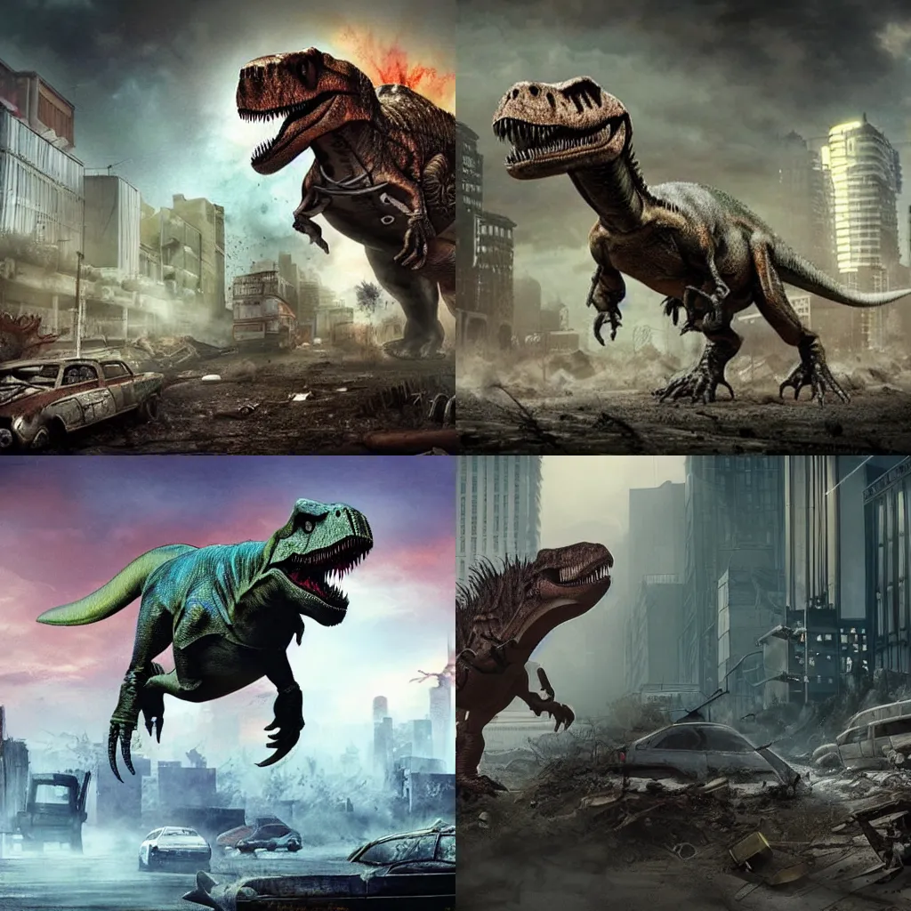 T-rex running from an asteroid