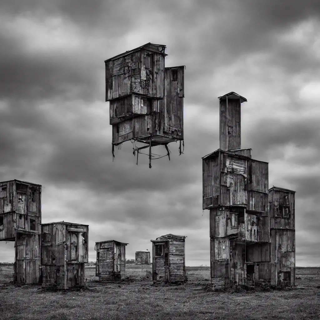 Prompt: three high towers, made up of makeshift squatter shacks with faded colours, dystopia, hasselblad x 1 d, moody sky at the back, fully frontal view, very detailed, ultra sharp, photographed by jeanette hagglund