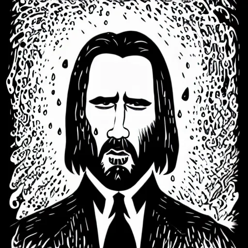 Prompt: mcbess illustration of nicolas cage as john wick in the rain